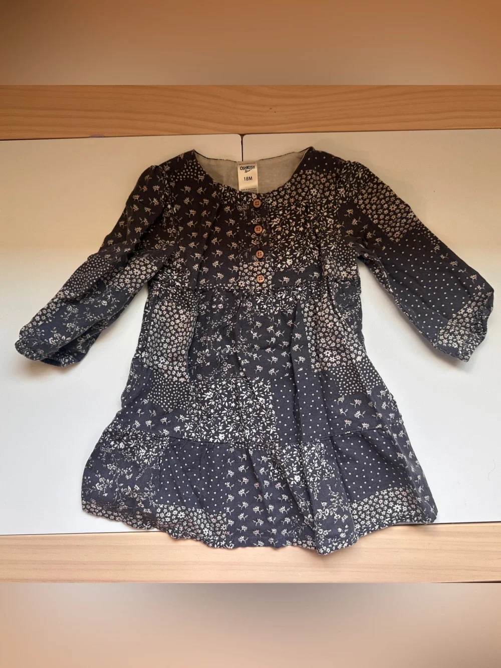 OshKosh B’gosh Long Sleeve Grey Floral Patchwork Dress 18m